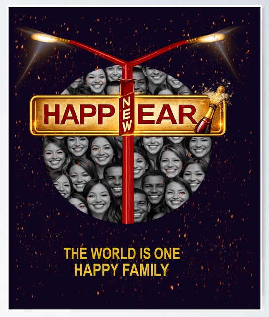 Conceptual New Year design featuring diverse smiling faces forming a globe shape with “Happy New Year” text, symbolizing global unity and happiness