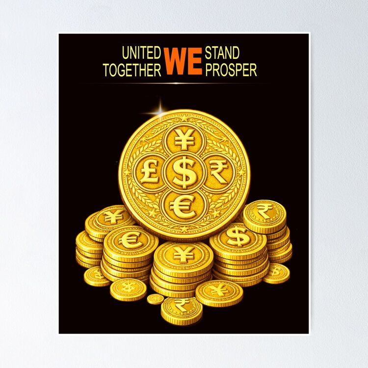 Global economy conceptual artwork with currency symbols representing unity and shared prosperity