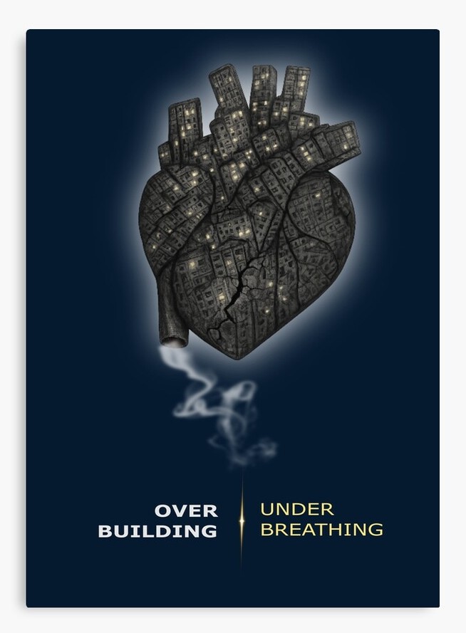 Conceptual artwork showing a human heart made of buildings representing urban overgrowth and pollution